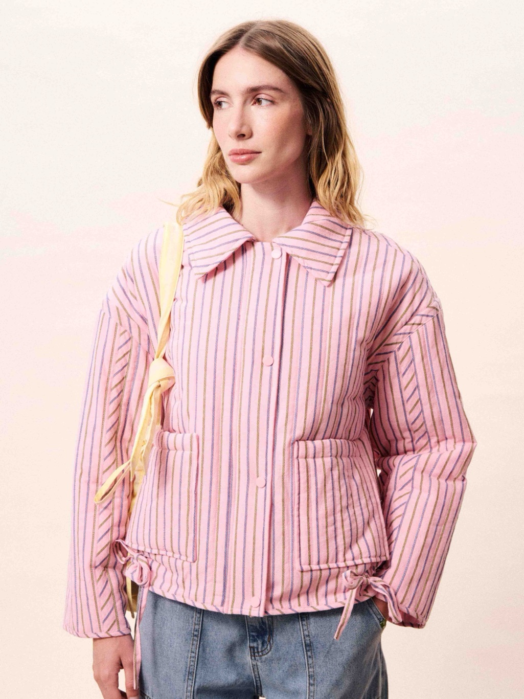 Frnch Pink Striped Quilted Puffer Jacket